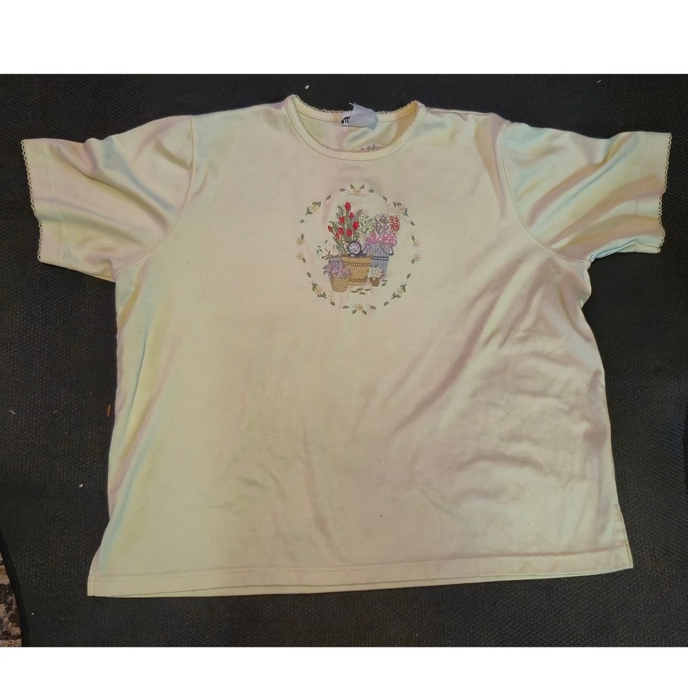BonWorth Womens Pale Yellow Embroidered Cat Flower Basket Lace Trim Top XL